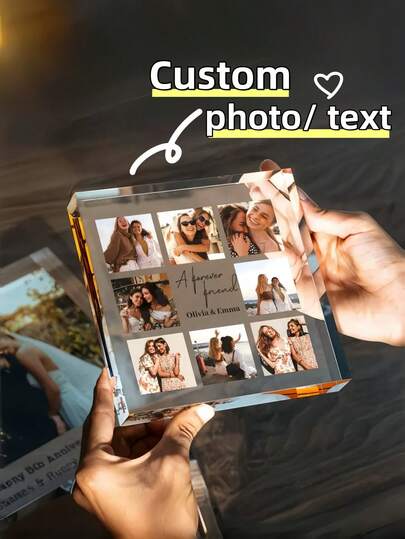 1 st anpassat kvadratiskt fotokollage i akrylblock – ladda upp 9 familje-/parbilder, kristallklart tryck, fristående minnesmärke för alla tillfällen, jul, halloween, årsdag, bröllop, födelsedagspresent