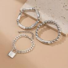 3pcs Elegant Silver Beaded Punk Lock Bracelet Set