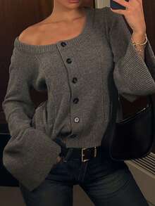 女装秋冬新款法式浪漫优雅淑女休闲百搭通勤针织开衫上衣 - 灰色 - 查看 6