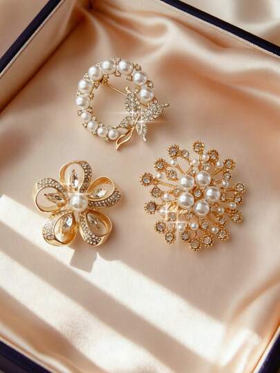 3 件套复古仿珍珠水钻蝴蝶花胸针套装，优雅配饰，适合西装、外套、送给朋友和母亲的礼物，珠宝服装配饰包饰办公室配饰圣诞节