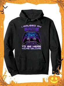 Men's Gamer-Themed Fleece Hoodie I Paused My Game To Be HerePrint -Cozy Long Sleeve Pullover With  Pocket & DrawstringCasual Loose Fit Black Sweatshirt For Fall-Winter, Gamer Hoodie,Fall Hoodies,Men's Fall Clothes,Street Wear,Halloween,Mens Hoodies,Y2k Clothes,Jesus Hoodie,Thanksgiving Day,Nightmare Before Christmas,Christmas - 黑色 - 查看 1