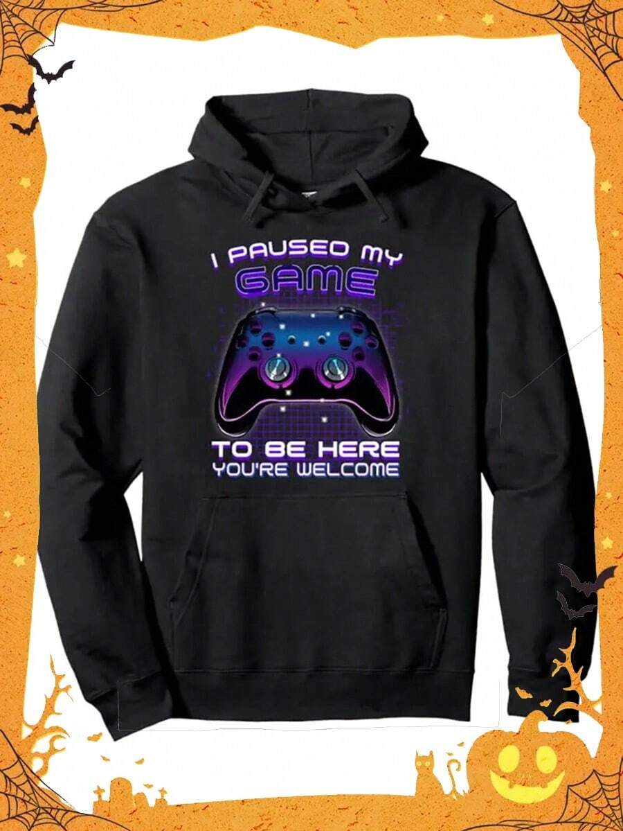 Men's Gamer-Themed Fleece Hoodie I Paused My Game To Be HerePrint -Cozy Long Sleeve Pullover With  Pocket & DrawstringCasual Loose Fit Black Sweatshirt For Fall-Winter, Gamer Hoodie,Fall Hoodies,Men's Fall Clothes,Street Wear,Halloween,Mens Hoodies,Y2k Clothes,Jesus Hoodie,Thanksgiving Day,Nightmare Before Christmas,Christmas - 黑色 - 查看 1