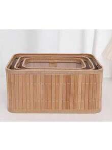 3 Pieces/Set Bamboo Woven Storage Baskets - Desktop Storage, Cosmetic Woven Storage Boxes, Bamboo Woven Storage For Toys & Snacks, Kitchen Storage, Bedroom Decoration, Home Decoration (Handmade Woven Products, With Color Difference, Raw Edges And Joints)