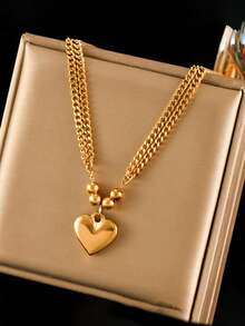 Multi-Layer Gold Heart Pendant Necklace & Bracelet Jewelry Set For Women, Stainless Steel Everyday Wear & Gift - Yellow Gold - View 2
