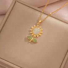 1 pieza Collar dorado con girasol/margarita, diseño lujoso con diamantes, joyería elegante de regalo versatil - Amarillo Oro - Ver 4