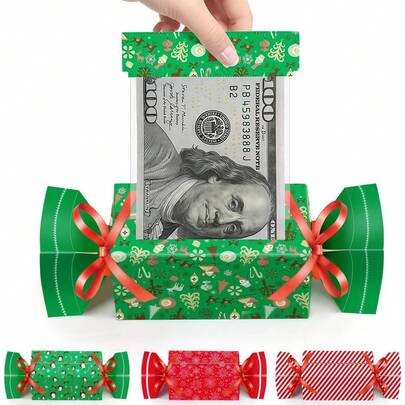 4pcs Christmas Candy Cash Box (Random) + 40pcs Clear Envelopes - Cash Pull Surprise Gift, Party Game Props (2025 Holiday Party Favors)