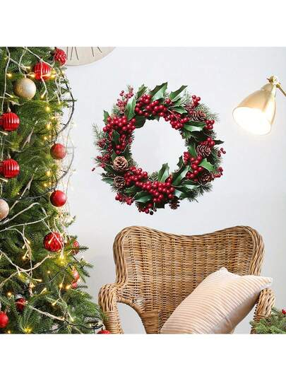 Christmas Wreath & Pine Cone Wall Decal - Festive Red Fruit Design, Perfect For Holiday Home Decor & Gifts, Christmas Decor