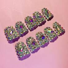 NailLuxe 10 PCS Handmade Duckbill Press - On Nails | HoloGlamRhinestones With Acrylic Iridescent Rhinestones & Crystal Cluster Details - Bạc - Xem 4