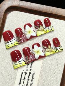 10pcs/Set Handmade Wearable Nail Art, Press-On Nails, French Manicure Style, Shiny Leopard Print, 3D Flowers, Polka Dots, Butterflies, Gift Set With Reusable Accessories Handmade Press On Nails - Multicolor - View 2