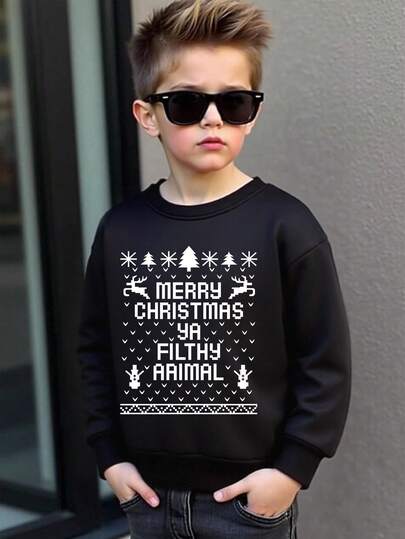 Felpa girocollo casual con stampa di lettere per ragazzo, calda