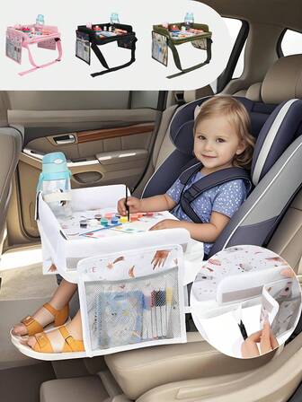 1 件多功能汽车托盘婴儿儿童座椅学习娱乐桌主座椅和乘客座椅靠背储物轻巧易于携带配有杯架并防止物品滑动可拆卸储物袋以增加储物空间拉链隔层可容纳书籍等。