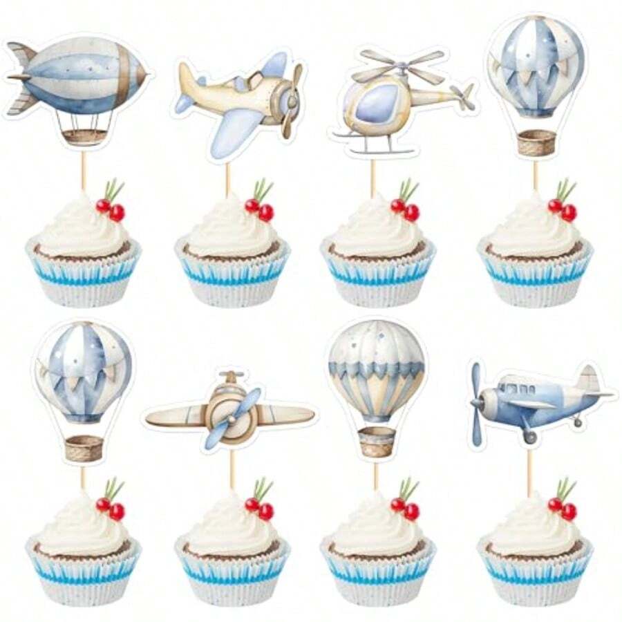 D35PCS Airplane Cupcake Toppers Hot Air Balloon Helicopter Travel Themed Party Decorations Baby Shower Boys Girls Birthday Party Cake Decorations Supplies10 - As Pic - View 1