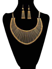 3pcs Minimalist Metal Copper Gold Jewelry Set - Includes Necklace, Earrings And Chain. Suitable For Women As Accessories For Weddings, Parties And Other Occasions - Yellow Gold - View 2
