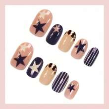 New Arrival 24 Pcs Star & Stripe Patch Fake Nails - Sweet Aesthetic, Non-Adhesive (Patch & Accent Styles) + Ready-To-Wear, Suitable For All Occasions