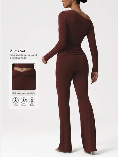 Sodalemon 女士弹力户外训练套装单肩纽扣长袖健身T恤扭褶褶边舞蹈瑜伽喇叭裤健身运动两件套