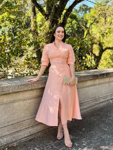 MARRANT PLAIN MIDI DRESS Simple Button Contrasted Waist WOMEN'S SUMMER FASHION - Màu Hồng  San hô - Xem 7