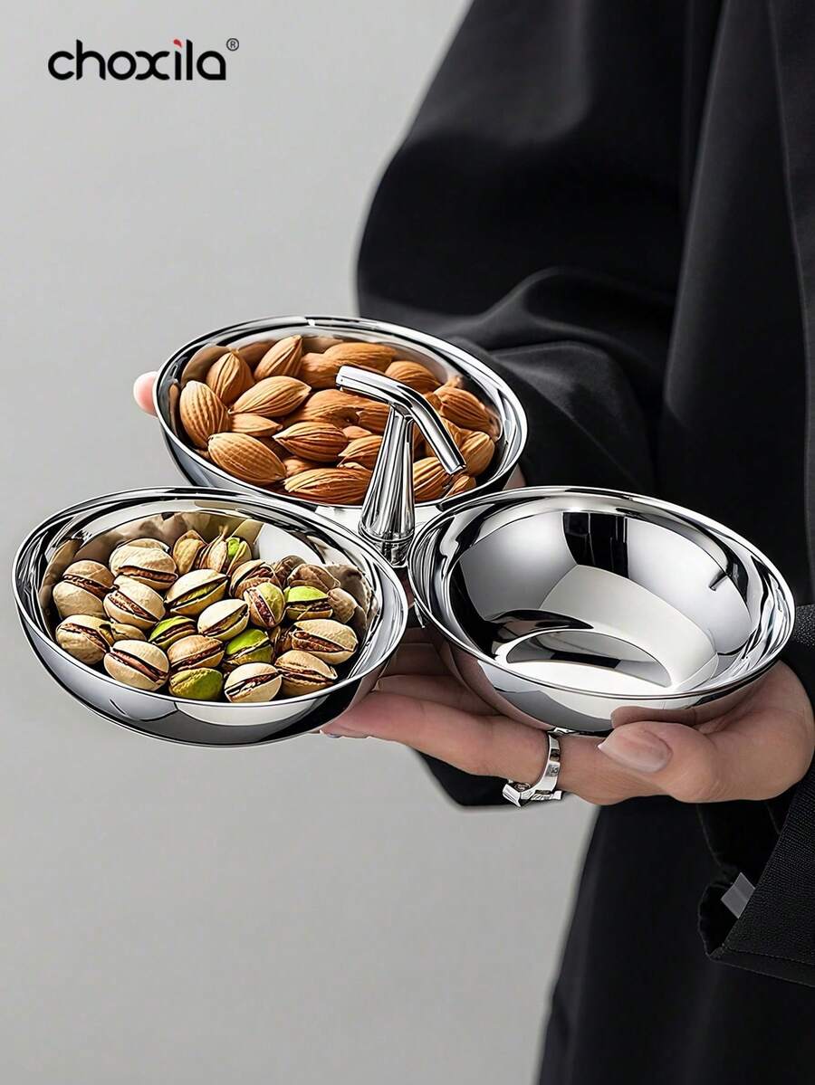 choxila 1个不锈钢甜点碗，可作零食盘、食物碟、糖果托盘，用于盛放零食、糖果、糕点、坚果、干果，适用于下午茶、派对、聚会、斋月、宰牲节等场合。 - 三頭小吃碟 - 查看 1