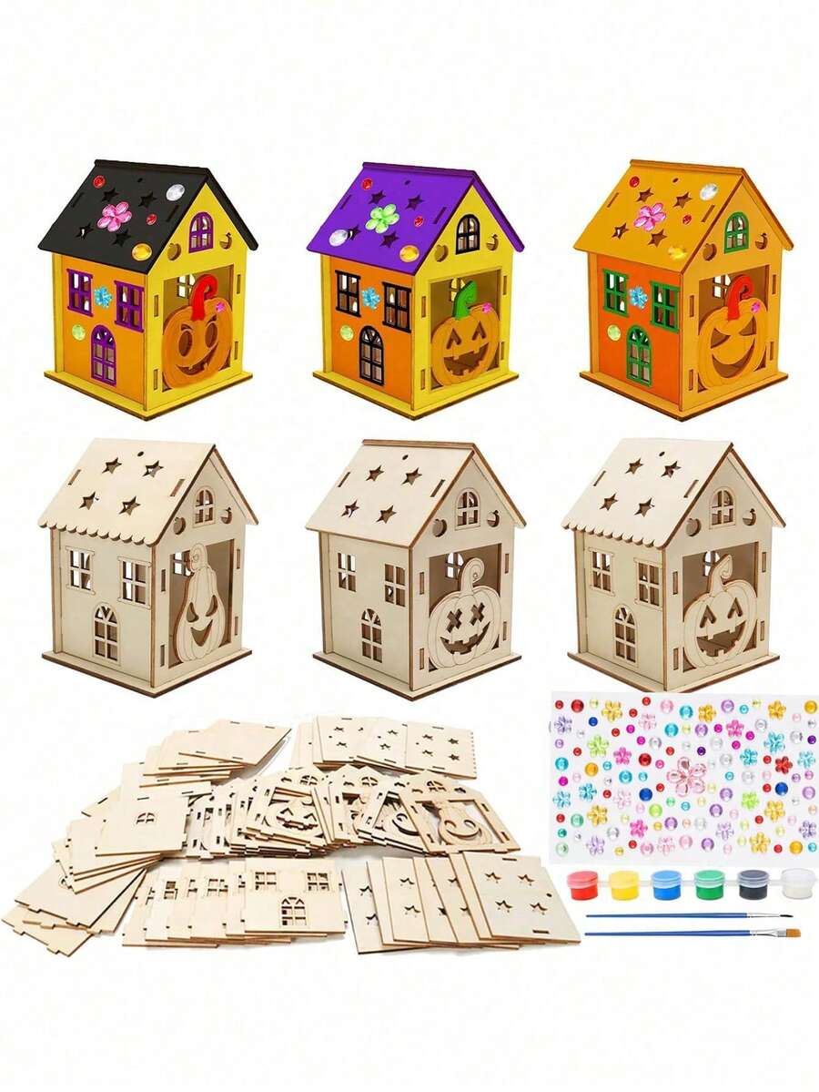 Bộ 6 đồ thủ công nhà bí ngô bằng gỗ - Tự làm sơn 3D nhà bí ngô nghệ thuật và thủ công để trang trí tiệc Halloween - Nhiều màu - Xem 1