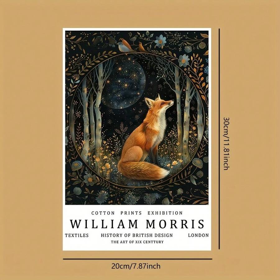 Arte de pared de lienzo de William Morris - Cartel de exposición vintage de zorro con luna y estrellas para sala de estar y dormitorio, impresión en lienzo, sin marco