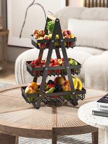 1 pieza Bandeja de cesta de frutas reforzada de 2/3 niveles, estante de almacenamiento para encimera de cocina con varillas de soporte adicionales para frutas, verduras, pan y aperitivos; estantes desmontables ahorradores de espacio adecuados para despensas, armarios y encimeras, y se utilizan a menudo para exhibición en el hogar y la cocina. Cesta de frutas negra.