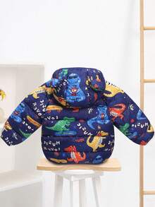 秋冬新款夹棉外套，藏青色卡通恐龙图案，男童连帽保暖防风外套，男童卡通保暖派克大衣 - 寶藍色 - 查看 3