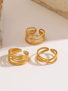 3pcs Stainless Steel 18K Gold Plated Chic Sun Line Design Rings, Suitable For Women's Daily Wear Luxury Jewelry - Multicolor - View 4