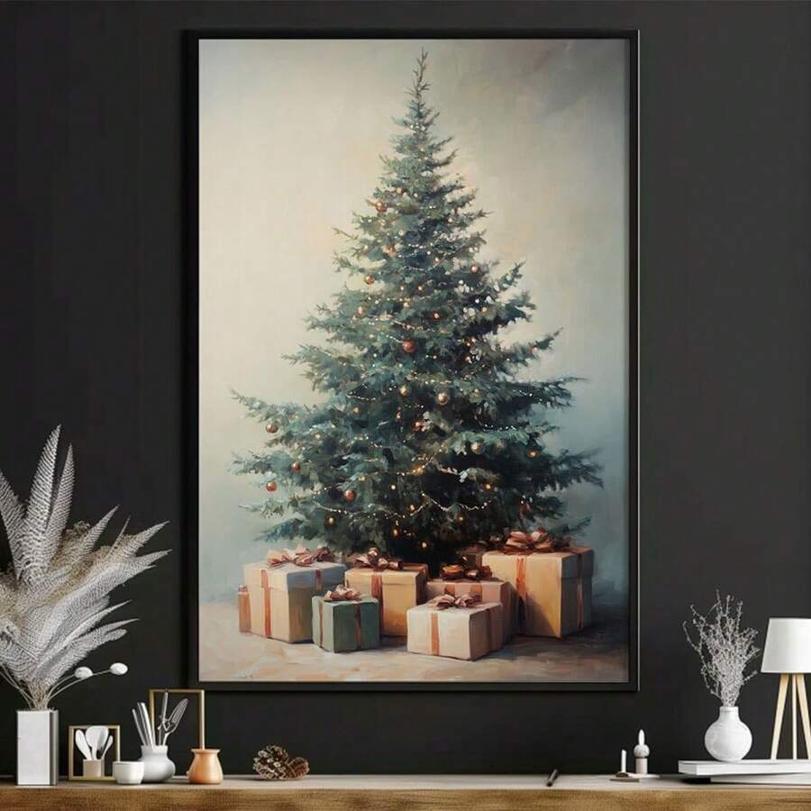 Impression sur canevas d'art vintage d'un arbre de Noël cadeau - Décoration murale sans cadre pour le salon, la chambre, le bureau et plus encore