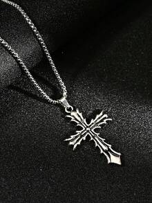 1pc European & American Style Thorny Cross Necklace, Personalized Punk Cross Pendant Long Necklace Accessory