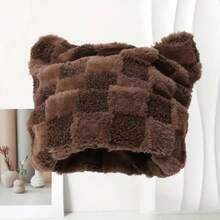 Gorro de invierno de felpa con orejas de gato estilo Y2K - Orejeras cálidas y a prueba de viento, ajuste elástico, patrón a cuadros blanco y negro, gorra de clima frío linda y de moda, accesorio de invierno, diadema divertida, gorro cálido y acogedor, imprescindible para entusiastas de la moda en invierno