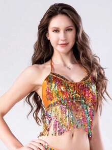 1pc Handmade Sequin Fringe Belly Dance Costume Set, Including Sequin Skirt, Suitable For Carnival, Singer Performance, Nightclub, Festival Party, Beach, Bohemian Retro Style And Other Occasions - Multicolor - View 29