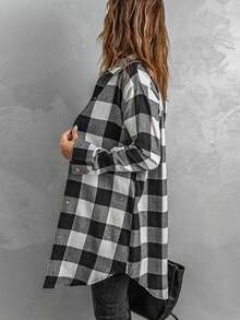 Damska kurtka średniej długości z długim rękawem, uniwersalna luźna koszula w kratę