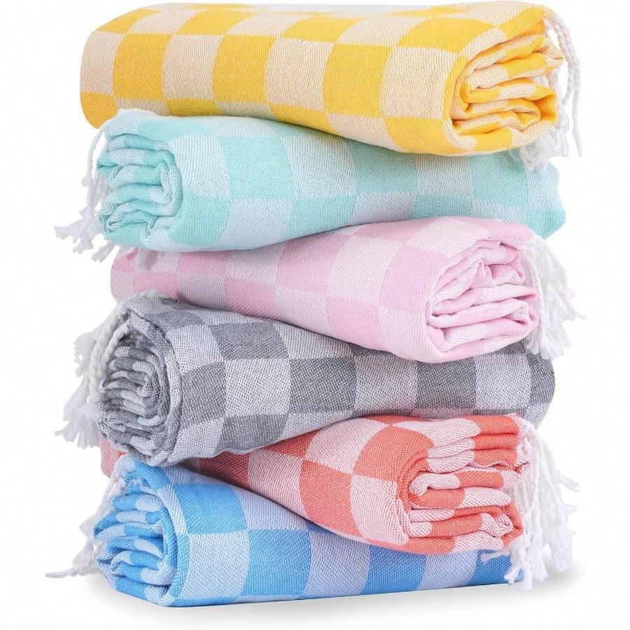 6 paquetes de toallas de playa turcas, set de mantas esenciales para vacaciones, toallas de baño y piscina a granel, multipack de viaje sin , de secado rápido, extra grandes, extra suaves, ligeras y compactas con diseño a cuadros y nubes para mujeres - GzMulticolorsPink - Ver 1