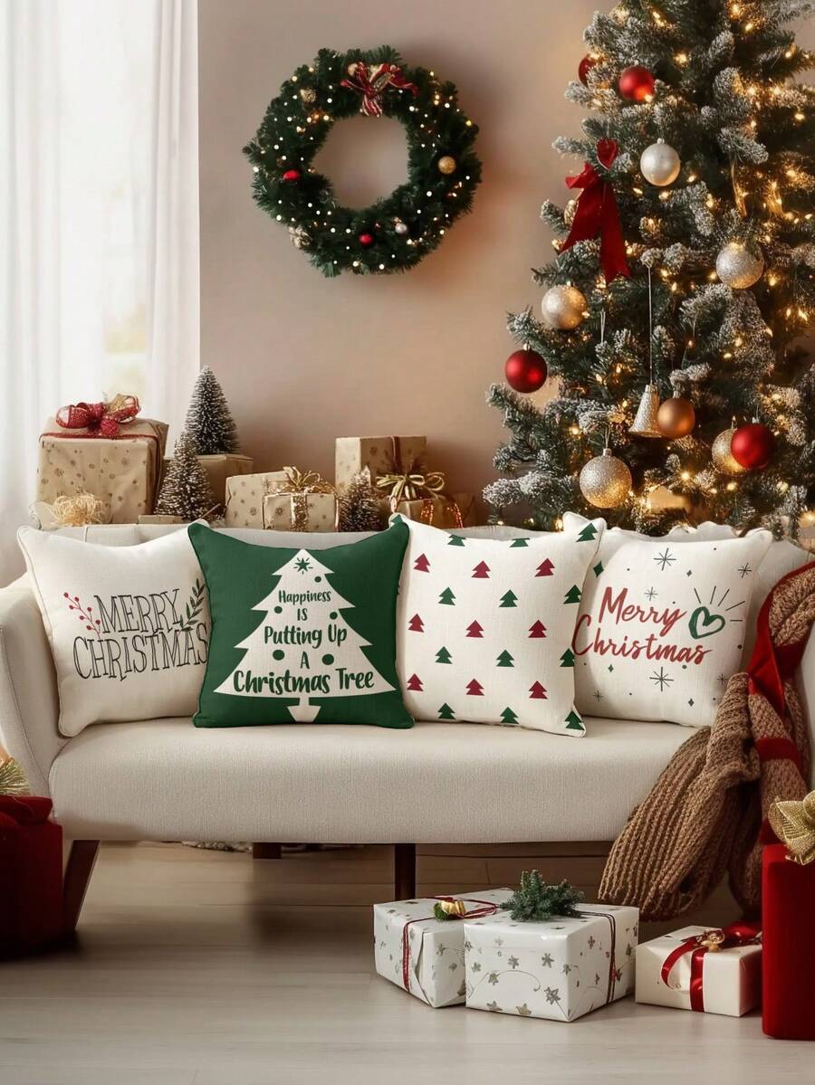 4pcs Christmas Themed Linen Blend Breathable Cushion Covers, Santa Claus, Christmas Numbers, Reindeer, Snowman, Snowflake, Christmas Decor, Merry Christmas, Christmas Decorations, Christmas Gifts, Hypoallergenic Polyester, Hidden Zipper, No Filling, For Home Decor, Living Room, Throw Pillow Cases, Pillow Covers, Cushions, Sofa Decorative Pillows, Sofa Covers, Home Decor, Soft Pads - Multicolor - View 1