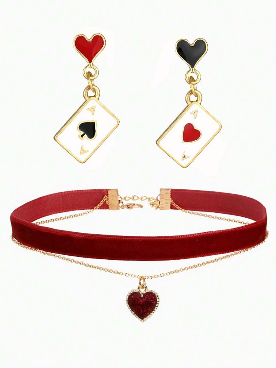 3pcs Women Fashion Asymmetric Heart & Playing Card Pendant Necklace Choker Set - Multicolor - View 1