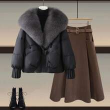 Women's Elegant Down Jacket Coat, Black Woven Fabric, Long Sleeve, Regular Hem, With Faux Fur Waterfall Collar And Pockets, Fur Collar Padded Coat, Winter - Black - View 6