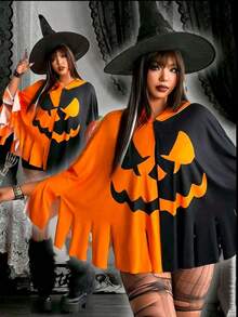 1pc Party Performance Pumpkin Cape, Black And Orange Lantern Design With Tassels, Suitable For Halloween Party Costume Role Play - Orange - View 3