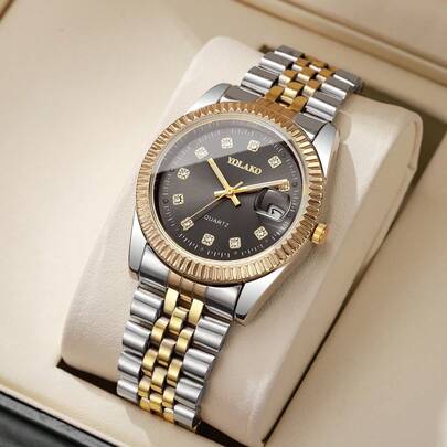 1pc Men's Fashion Casual Rhinestone Scale Dial Calendar Stainless Steel Quartz Wrist Watch, Classic Business Style (Watch Only, No Box)