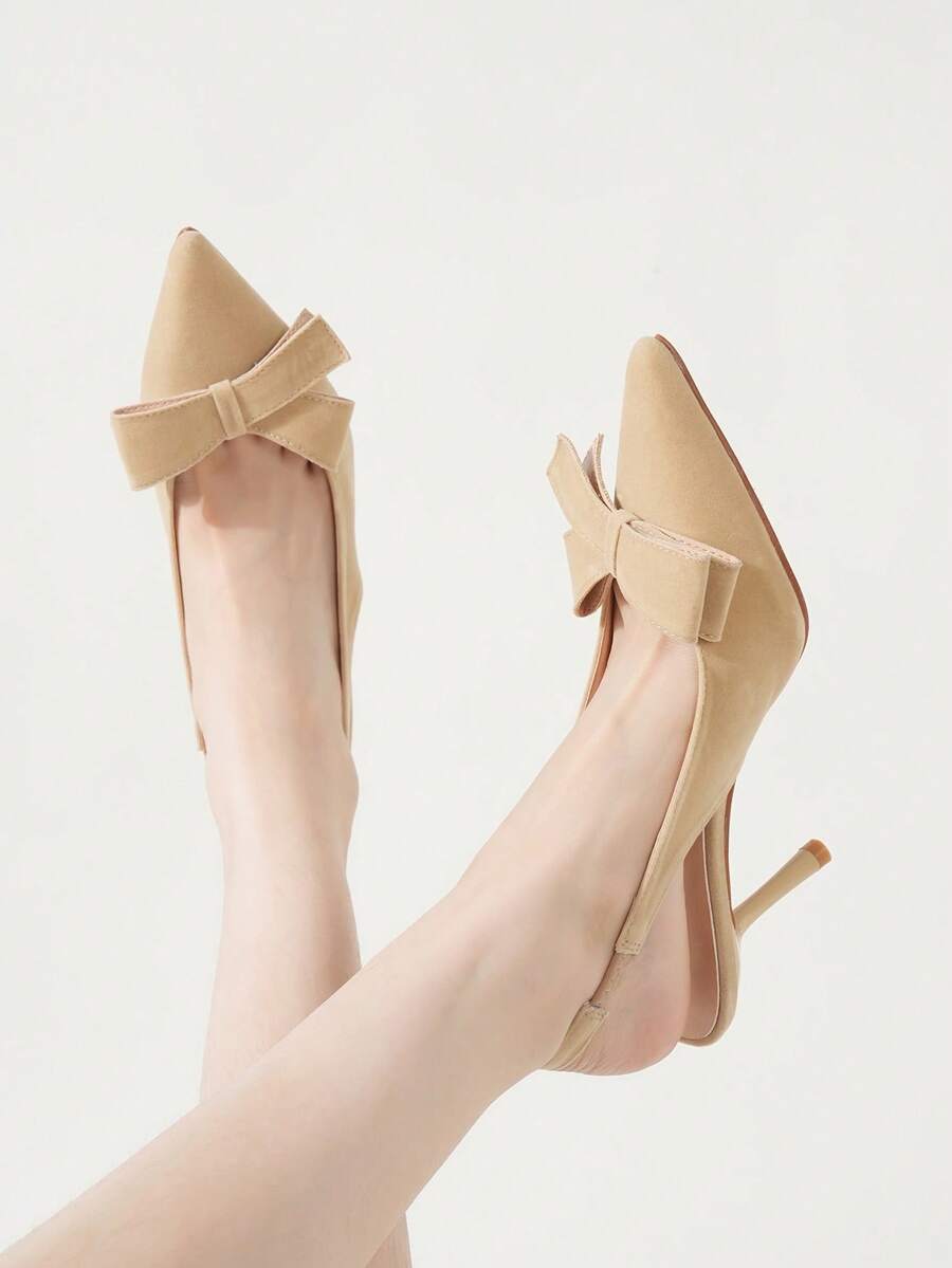 1. Stiletto minimalist pentru femei, cu vârful ascuțit, cu decor de fundă, culoare nud, sandale sexy la modă, albastre, cu toc înalt, potrivite pentru vară, în aer liber, petreceri și sărbători.