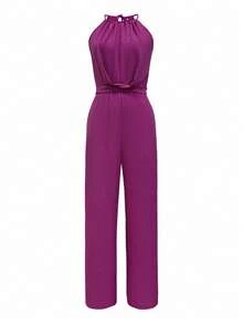 女士时尚纯色结饰无袖连身裤，夏季轻盈透气宽松连体裤，优雅夏季和圣帕特里克节服装