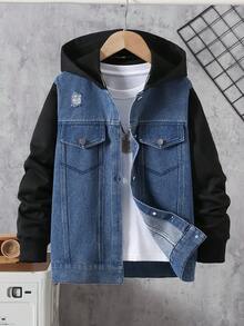 Tween Boys Casual Outdoor Denim Patchwork Jacket, Versatile For Everyday Wear, Autumn/Winter - Black - View 2