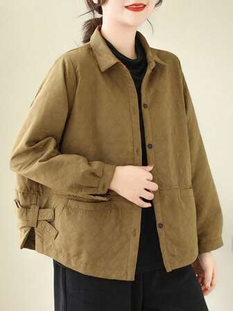 Women's New Autumn Plaid Loose Fit Slimming Jacket - Plus Size Short Cardigan With Front Button Design, Pockets, Regular Length | Woven Fabric, Non-Stretchy, Warm & Unlined | Ideal For Fall Festivals