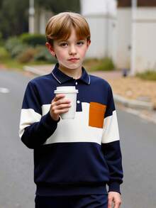 2 件套男童复古拼色长袖 Polo 衫和休闲舒适长裤套装，户外时尚服装