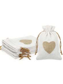 10 buc - Pungi de pânză de sac, pungă de cadou din in cu șnur și imprimeu cu inimă, mini pungă de cadou pentru bijuterii cu șnur, perfectă pentru nuntă, pungă de cadou pentru domnișoare de onoare, petrecere, ziua de naștere, Halloween, Ziua Recunoștinței, cadouri pentru petreceri de Crăciun