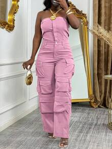 Sweet And Cool Fashion Women's Y2K Style Workwear Jumpsuit, Denim Jumpsuit, Denim Workwear, Mid Waist Non Elastic, Waist Cinching And Hip Lifting, Loose And Slimming, Suitable For All Seasons, Paired With Multi Pocket Design,  And Cool, Suitable For Back To School Season, Hot Girls, Work, Outdoor Work, Outdoor Activities, Travel, Streets, Nightclubs, Parties, Fashion Shows - 粉色 - 查看 2