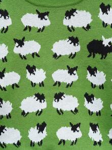 Sheep Pattern Crew Neck Sweater, Casual Long Sleeve Knit Sweater, Women - Green - View 6