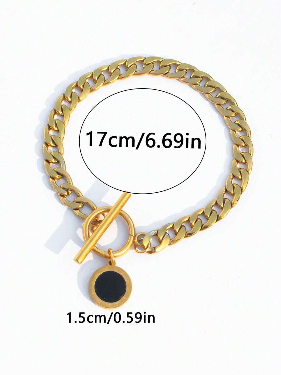 1pc Circular Coin Stamped Roman Numeral Badge Pendant, OT Clasp Curb Chain Stainless Steel Bracelet, Vintage Jewelry Suitable For Daily Wear