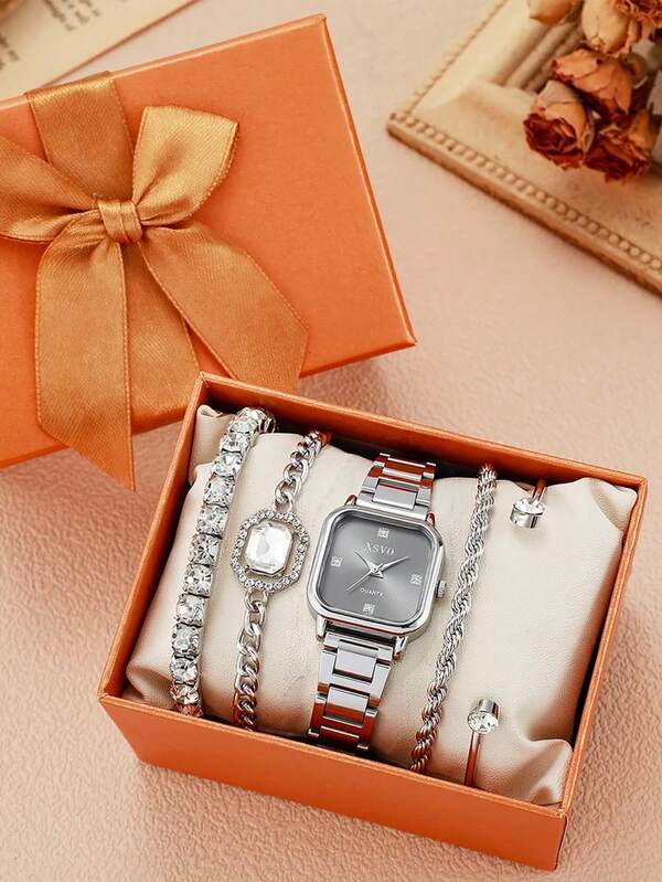5pcs/Set New Korean Style Women's Square Quartz Watch, Steel Band Ladies Watch Minimalist Bracelet Set, Suitable For Daily Matching, Birthday, Anniversary, Halloween, And Other Holiday Gifts, No Gift Box