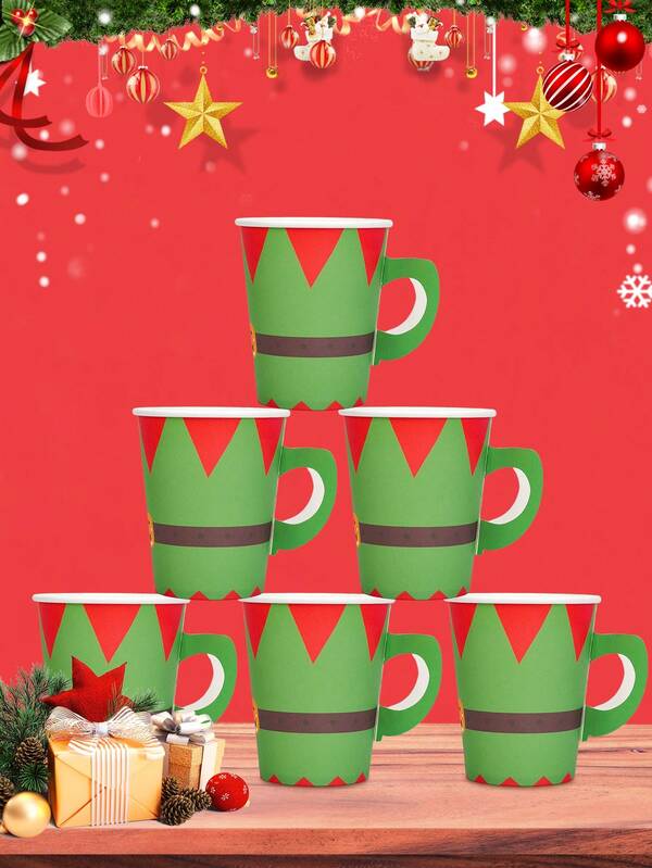 10pcs/40pcs/80pcs CGreen Hristmas Hot Cold Paper Cups With Handles Christmas Party Holiday Cup Tea Cups Xmas Drinking Cups Coffee Mugs With Elf Snowman Santa Gingerbread Man Design For Daily Use Winter Holiday Happy Merry Christmas New Year Party Drinkware