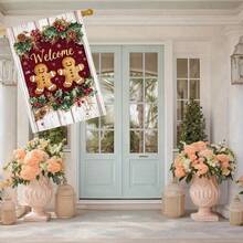 1pc Double-Sided Linen Welcome Gingerbread Couple Christmas Garden Flag - Weather-Resistant Outdoor Holiday Decoration With Festive Gingerbread Men, Red Berries & Golden Accents, No Electricity Needed For Lawn, Yard, Or Porch, Christmas Decorations Outdoor, Yard Decoration, Seasonal Home Accent