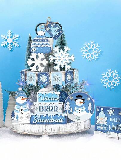14 件冬季分层托盘装饰套装，雪人雪花分层托盘装饰套装蓝色乡村农舍木制标志桌面中心装饰，适合冬季节日派对、圣诞派对桌面中心装饰、圣诞家居装饰